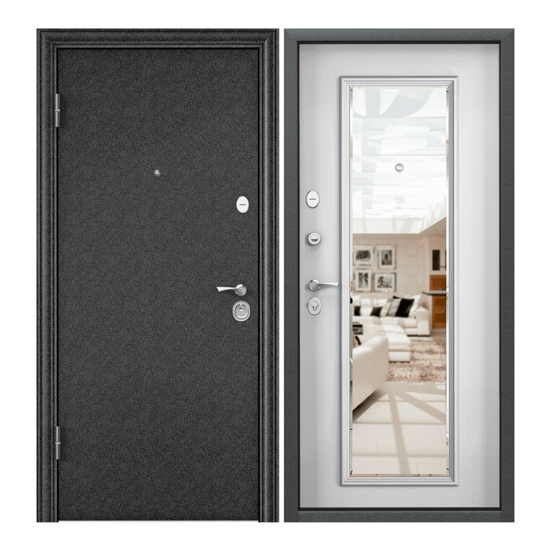 Дверь входная для квартиры Torex Flat L 950х2050 левый, тепло-шумоизоляция антикоррозийная защита, замки 4-го и 2-го класса, зеркало, черный/бежевый