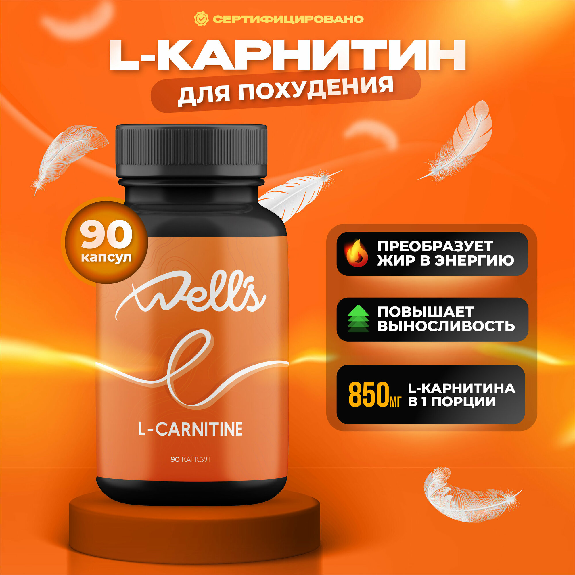 Л- карнитин жиросжигатель спортивный Well`s, 90 капсул