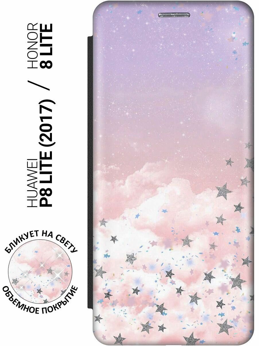 Чехол-книжка Небо в звездах на Honor 8 Lite / Huawei P8 Lite (2017) / Хонор 8 Лайт / Хуавей Р8 Лайт 2017 с эффектом блика черный