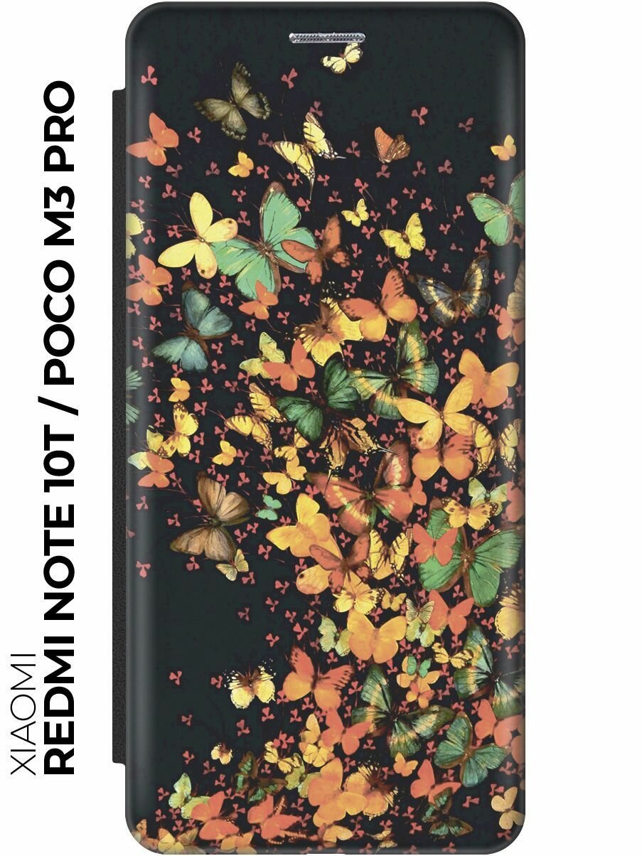 Чехол-книжка Взрыв бабочек на Xiaomi Redmi Note 10T / Poco M3 Pro / Сяоми Поко М3 Про / Сяоми Редми Ноут 10Т черный