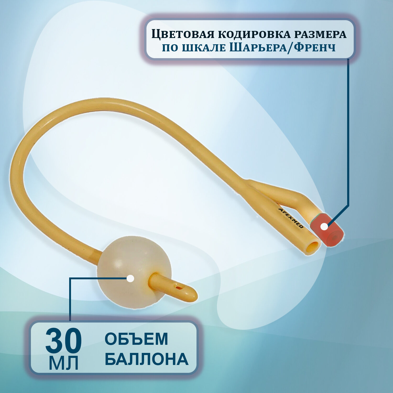 Изображение Катетер Фолея урологический латексный CH18 Apexmed, баллон 30мл, 2 штуки
