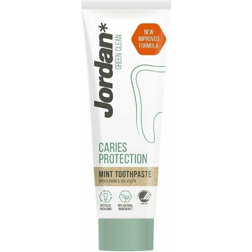 Зубная паста мятная Jordan "Green Clean" защита от кариеса (фтор+10% ксилит) 75 мл (из Финляндии)