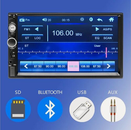 Изображение товара Автомагнитола 2DIN, сенсорный дисплей 7 дюймов, USB, AUX, Bluetooth, FM, черный цвет