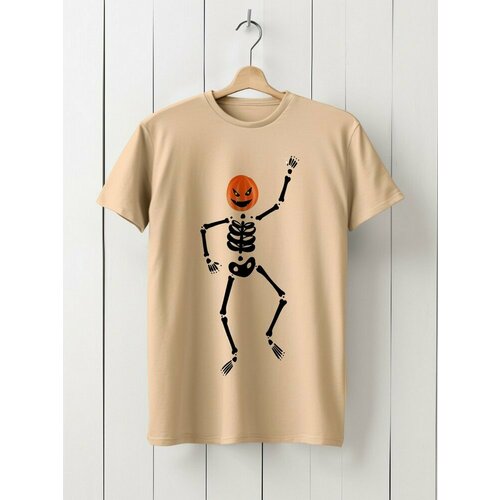 фото Футболка hypnotica футболка унисекс бежевая из хлопка с dtf принтом хеллоуин танцующий скелет (дабстеп, осень, подарок, helloween) - 9416, размер 2xl, бежевый