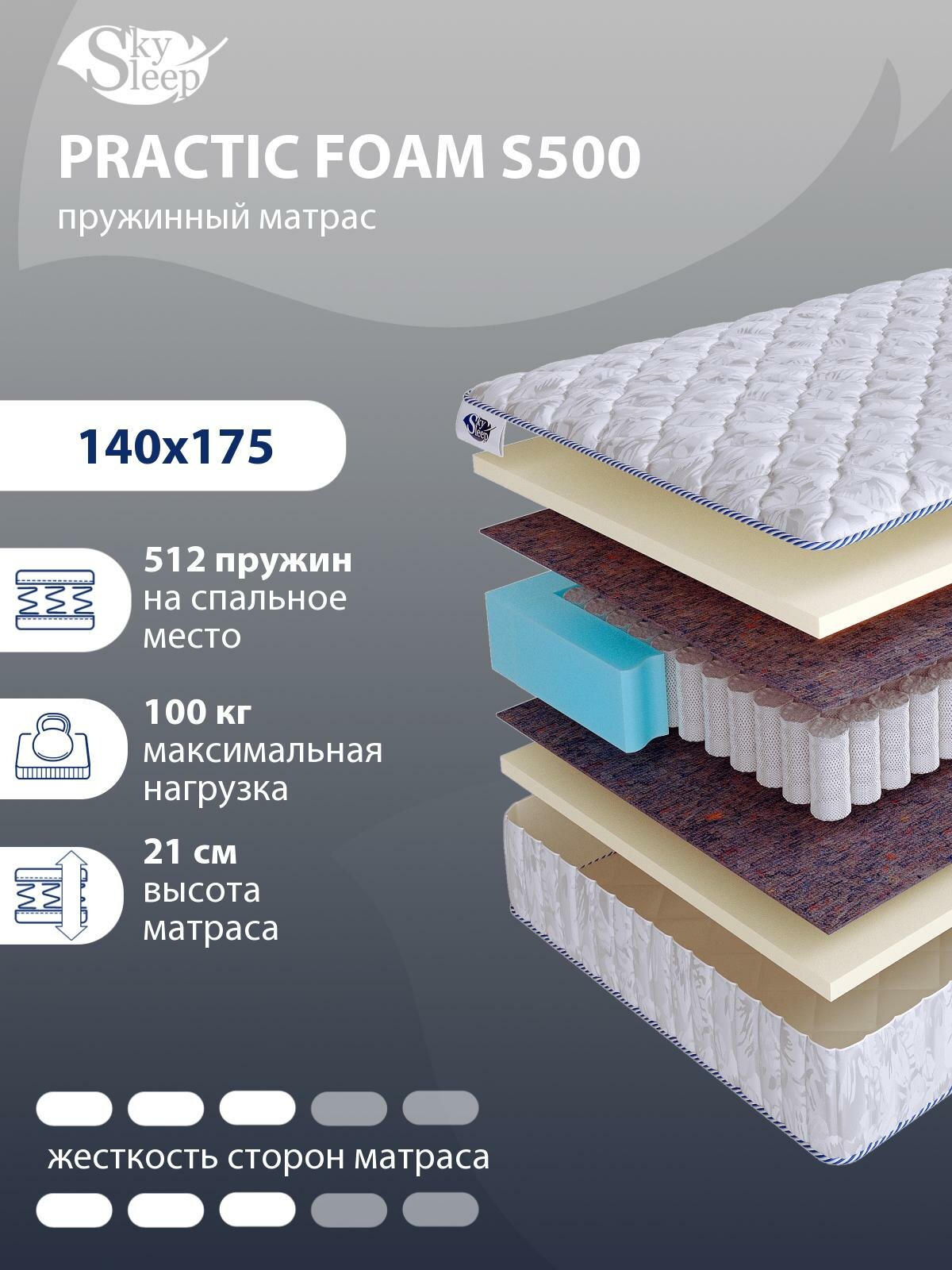Ортопедический матрас SkySleep PRACTIC FOAM S500 на независимом пружинном блоке для кровати тахты 140x175