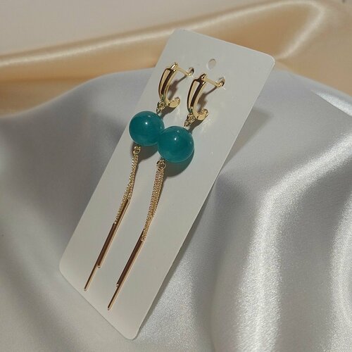 Серьги  Малахит с подвеской, позолота 18К, малахит, металл, размер 80 мм, бирюзовый, золотой