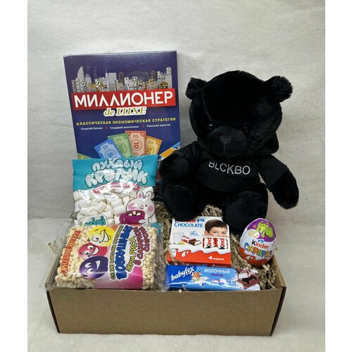Подарочный набор Миллионер deluxe, монополия, мягкая игрушка Медведь в худи 30 см Blckbo, Kinder, маршмеллоу, воздушный рис, Babyfox