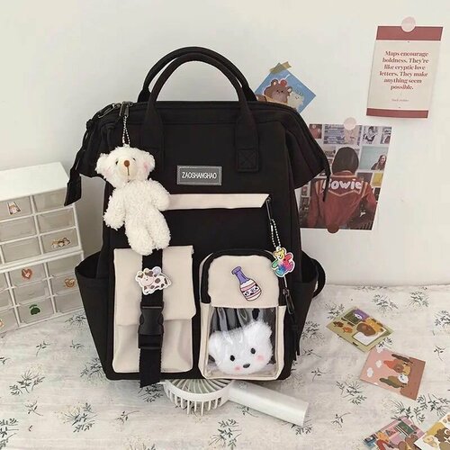 Рюкзак универсальный школьный с ручками и брелоками, рюкзак в корейском стиле для подростков / черный, белый с брелоками