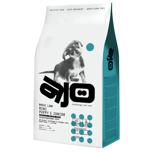 AJO Mini Puppy & Junior полнорационный сухой корм для щенков, беременных и кормящих собак малых пород с гречкой 2 кг