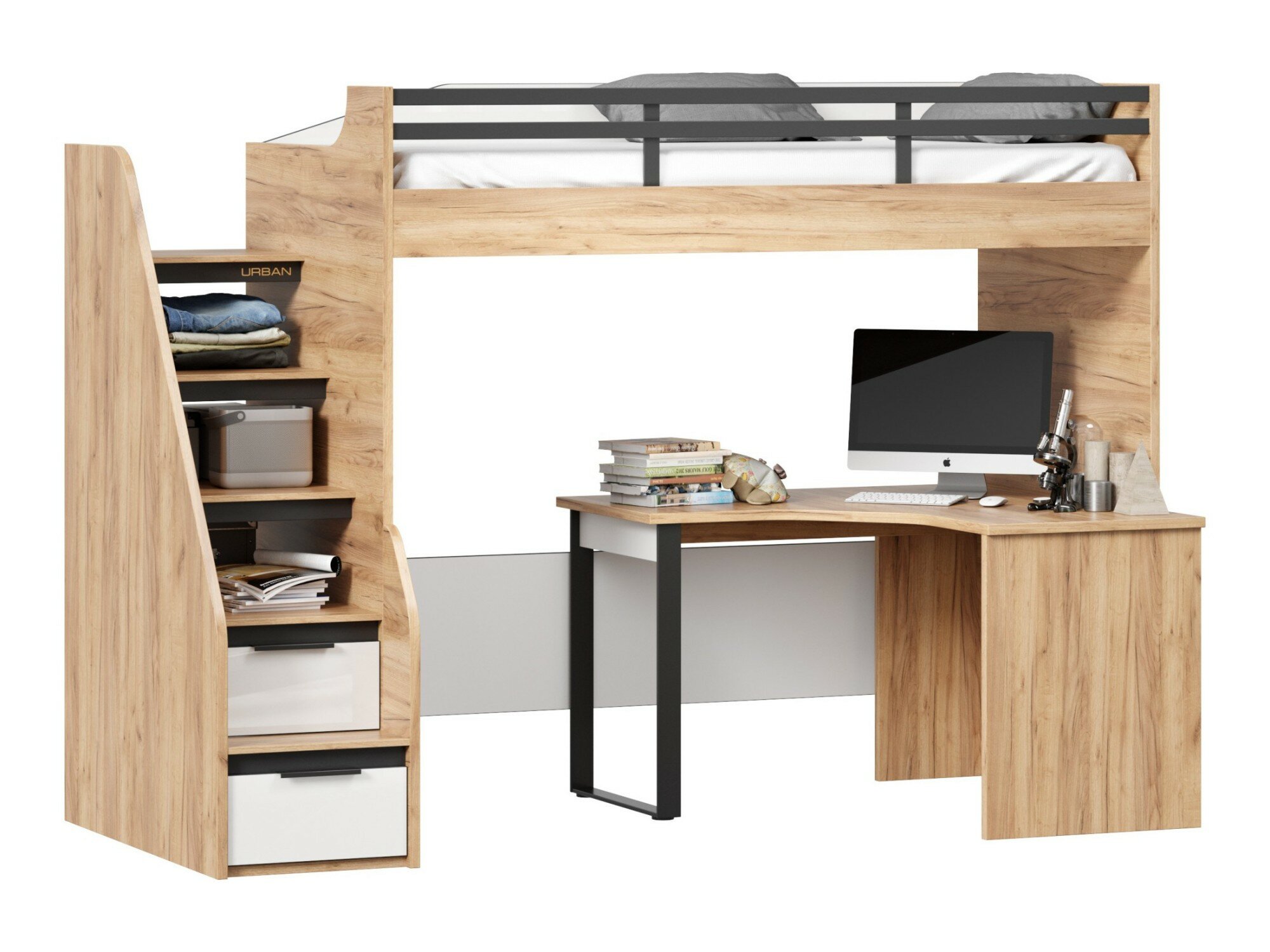 фото Урбан Кровать-чердак со столом письменным угловым (правая Дуб Золотой/Белый)