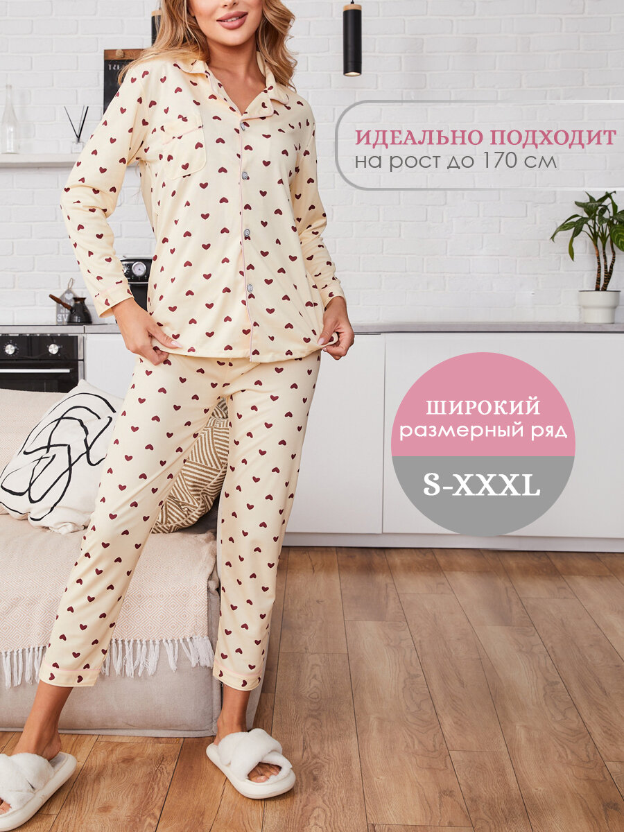 Пижама женская со штанами и рубашкой в сердечко,размер S - фотография № 4