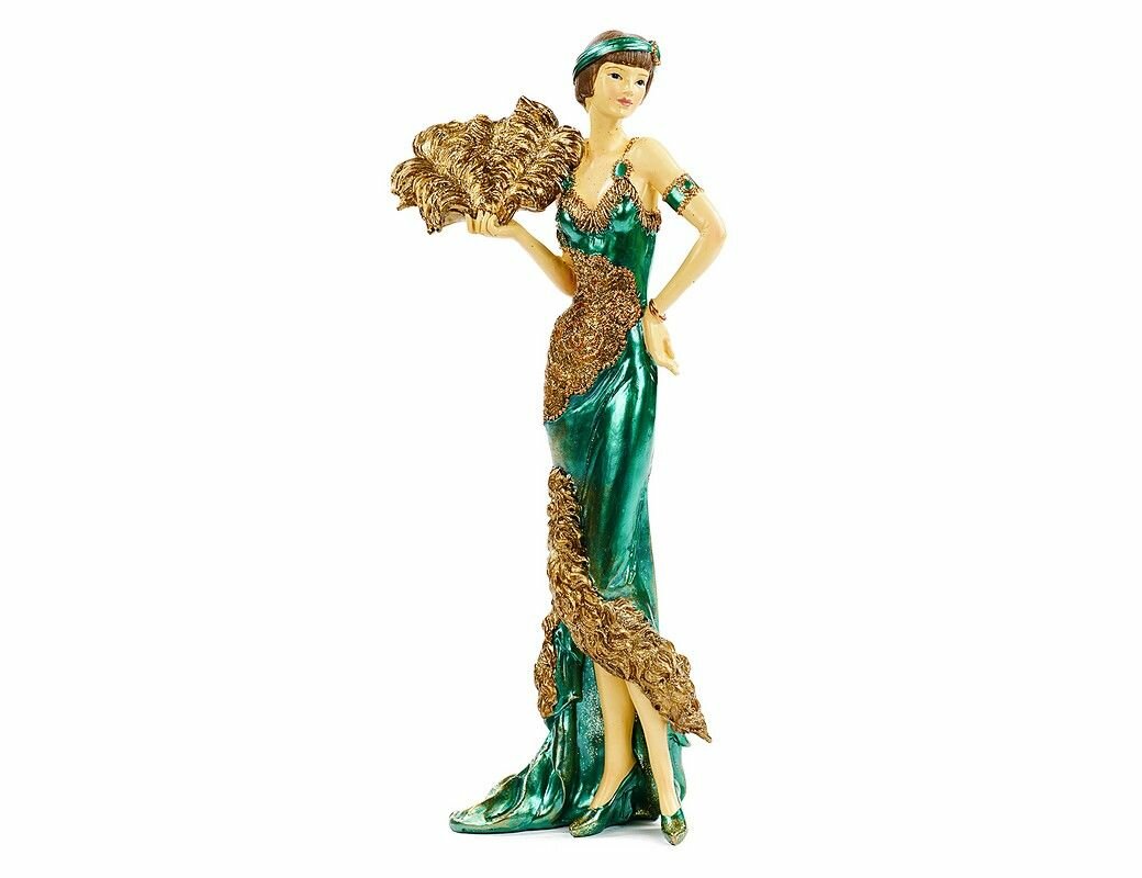 Декоративная статуэтка девушка из джаза (с веером), полистоун, зелёный, 30 см, Goodwill MC 36401
