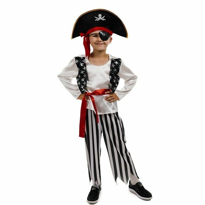 Карнавальный костюм "Пират", шляпа, повязка, рубашка, пояс, штаны, р. 28, рост 110 см