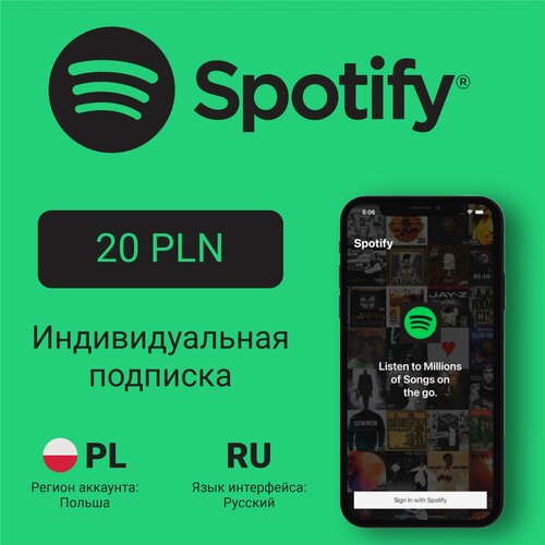 Карта пополнения кошелька счета Spotify 20 злотых PLN Польша подарочная карта цифровой код активации 999₽