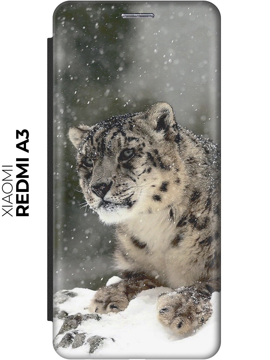 Чехол-книжка на Xiaomi Redmi A3 / Сяоми Редми с рисунком "Барс и падающий снег" черный