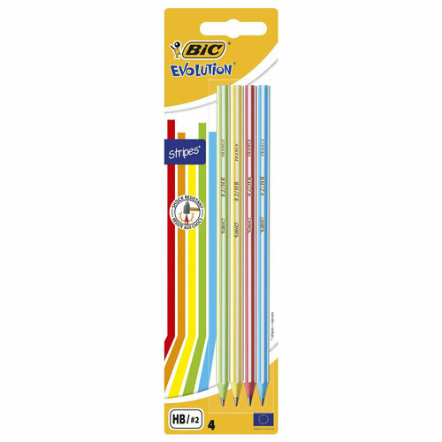 Карандаши чернографитные BIC Evolution Stripes, набор 4 шт, HB, пластиковые, блистер, 918485 упаковка 10 шт.