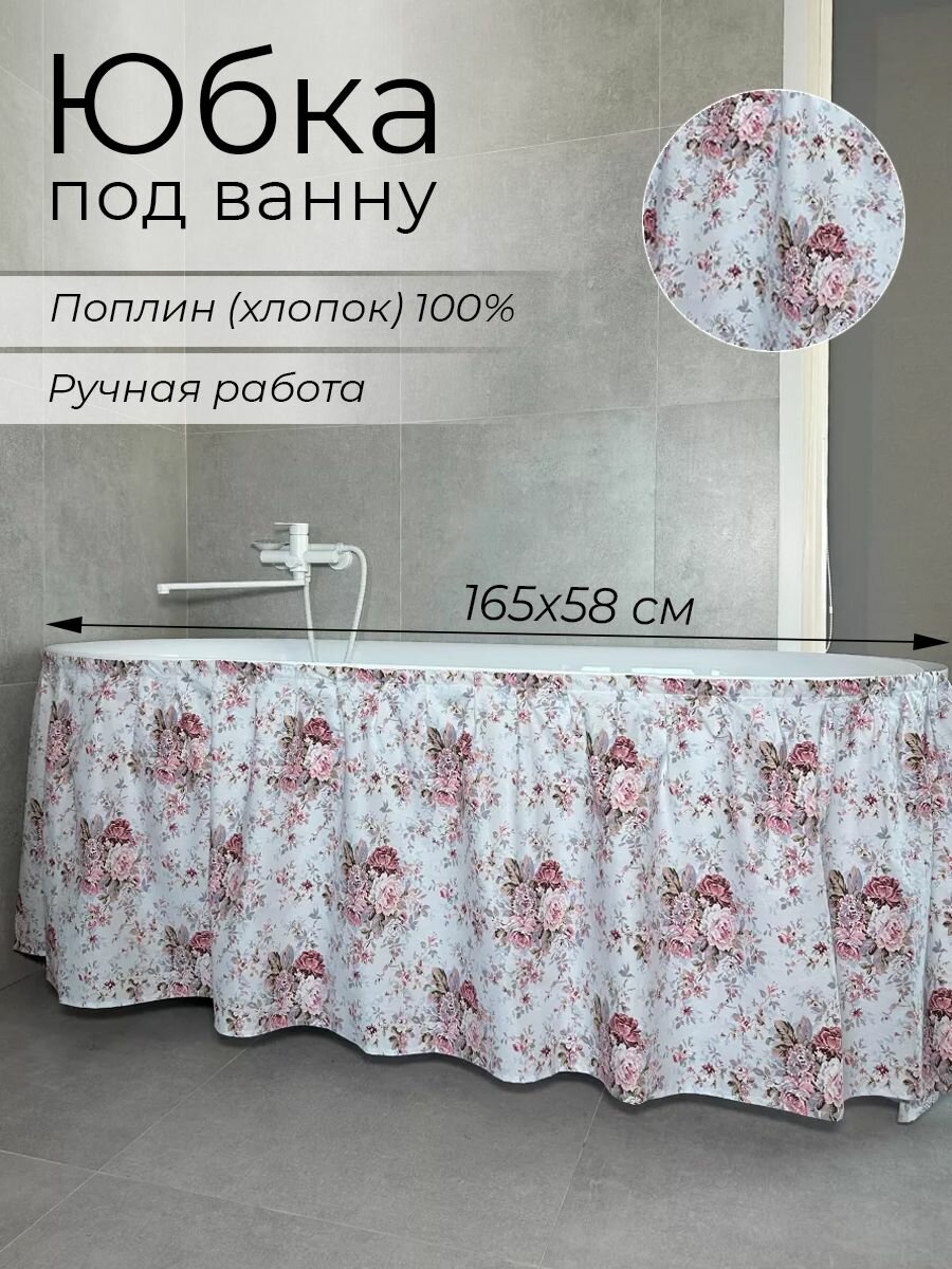 Экран под ванну тканевый материал поплин цветы голубые 165х58 см