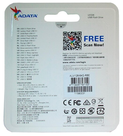 Флеш накопитель 64GB A-DATA UV128, USB 3.2, черный/синий — фото 1