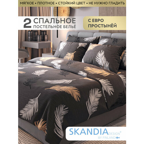 фото Постельное белье 2 спальное skandiadesign с евро простыней микросатин, двухспальное оранжевые и белые перья на сером