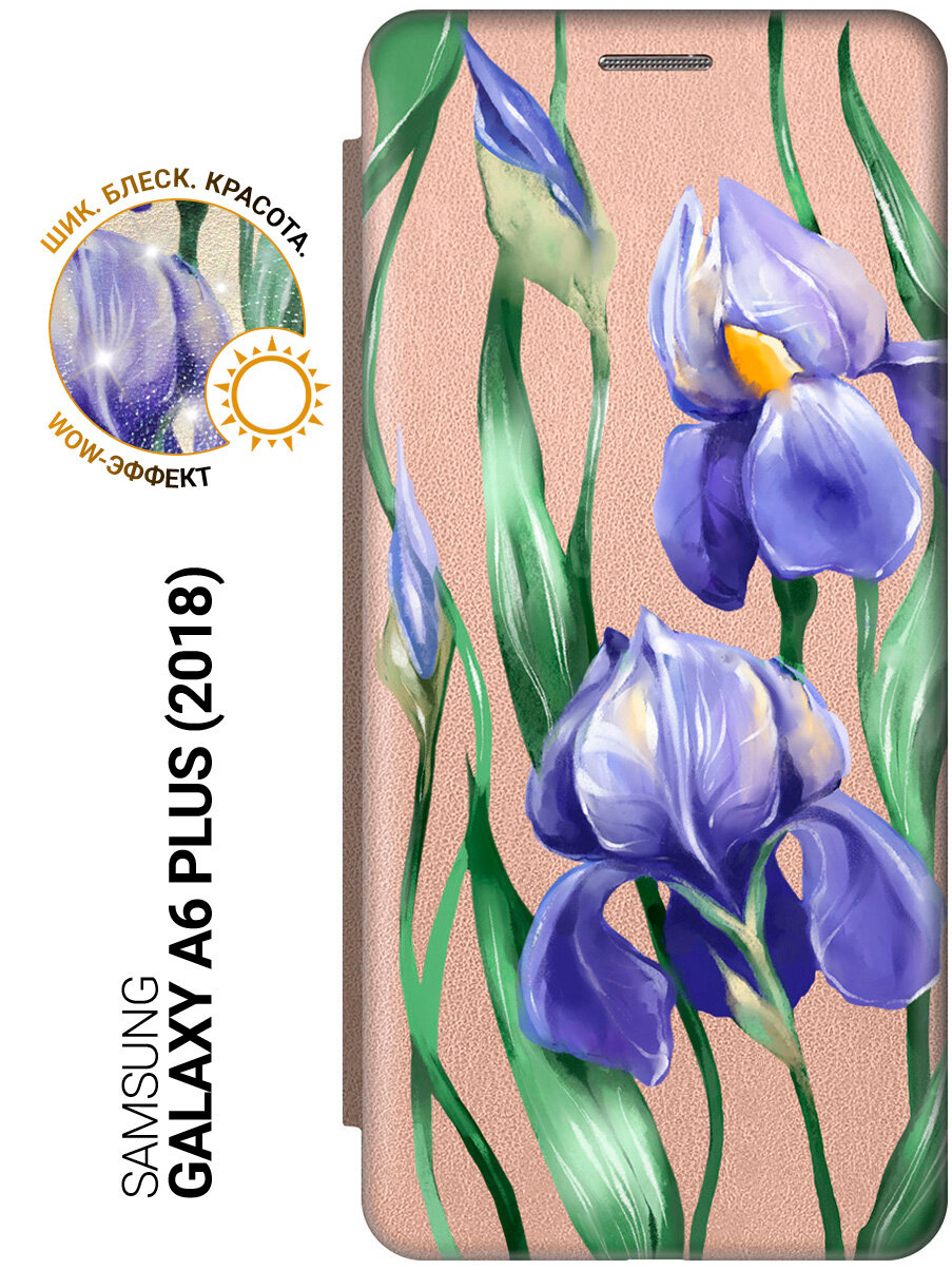 Чехол-книжка на Samsung Galaxy A6+ (2018), Самсунг А6 Плюс 2018 с 3D принтом "Amazing Irises" золотой