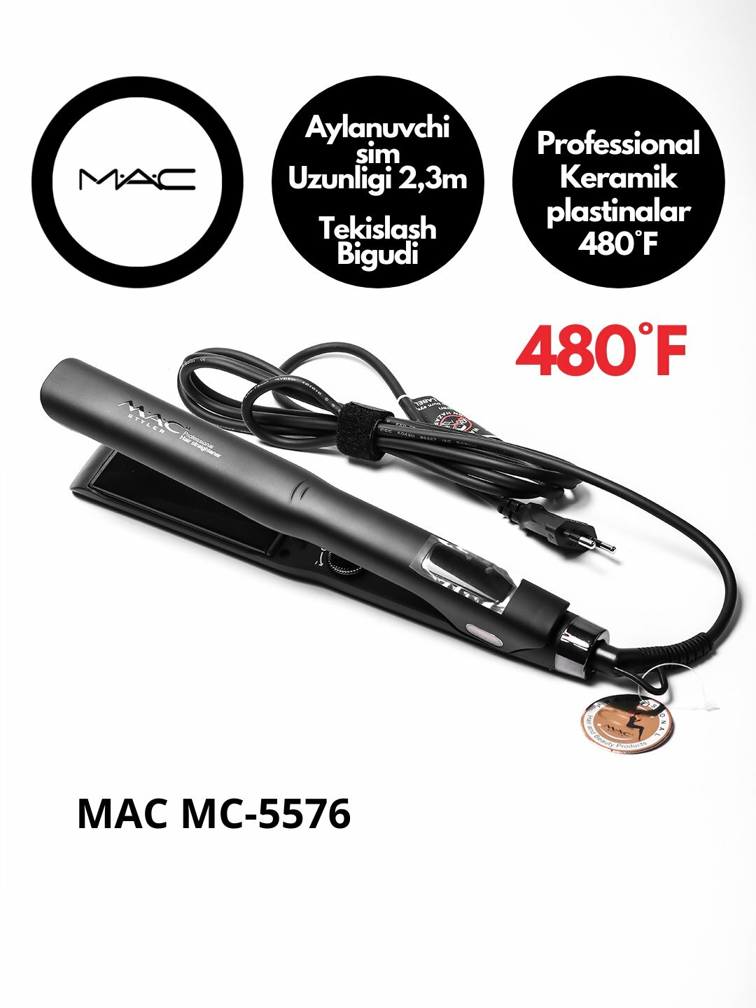 Профессиональный утюжок выпрямитель для волос МАС stayler MC-5576 с Керамической пластиной