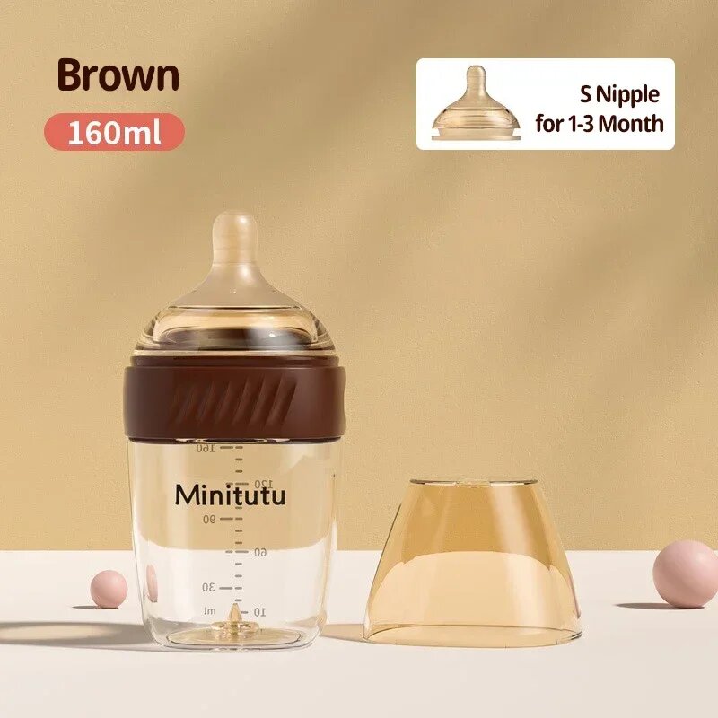 Бутылочка для кормления Minitutu, 160 мл, коричневая, S-ниппель