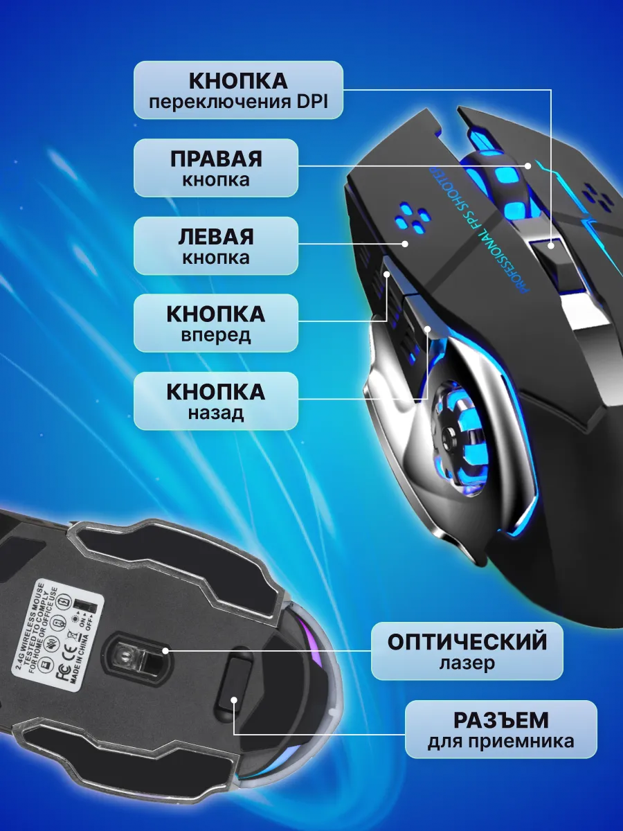 Беспроводная мышь, подходящая для игр и офиса, 3200 точек на дюйм с RGB-светодиодом