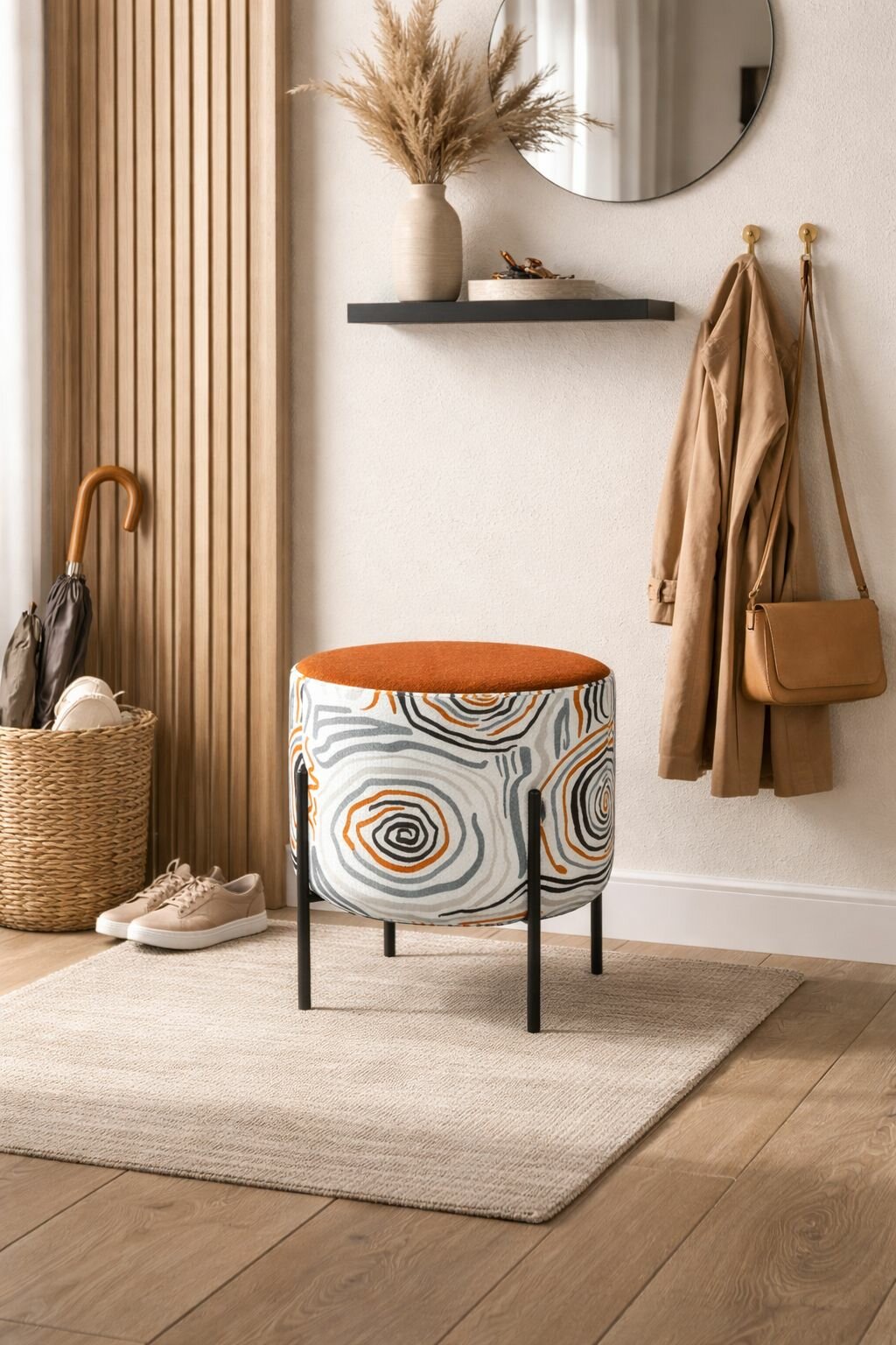 Пуф в прихожую круглый D1 Маленькая радость террактовоый с принтом, 45x45x46