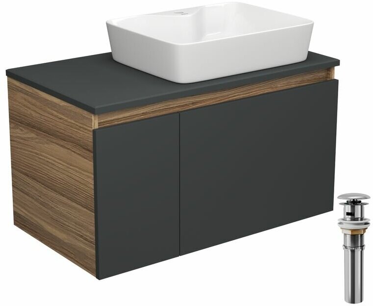 Тумба с раковиной и выпуском (тумба Bau Dream 80, графит + раковина накладная BAU Cerama 48х37, с отверстием под смеситель, выпуск клик-клак, хром)