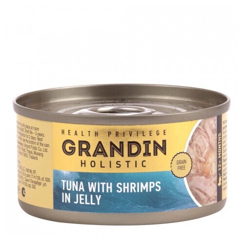 Консервированный корм Grandin для взрослых кошек филе тунца с топпингом из креветок в желе, 80 г, 12 шт