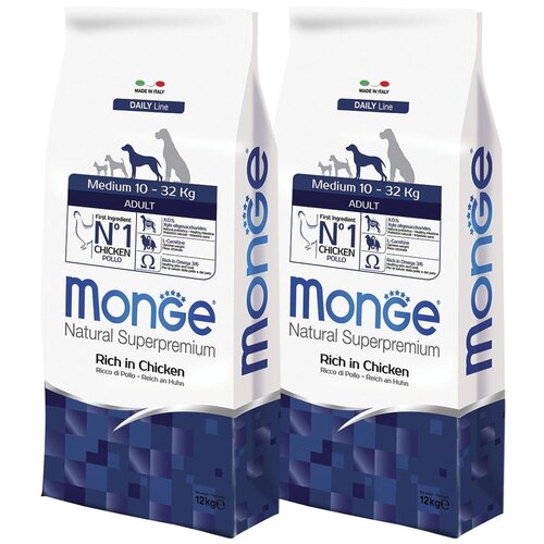 Сухой корм для собак Monge Daily Line, курица 1 уп. х 2 шт. х 12 кг ecopet natural adult medium экопет натуральный для взрослых собак средних пород с курицей 14 кг