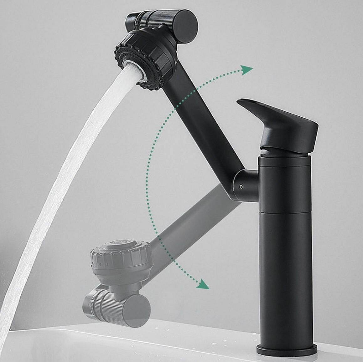 Смеситель трансформер для раковины с гибким изливом. Поворотный с аэратором. Кран для ванны и душа 20см Черный
