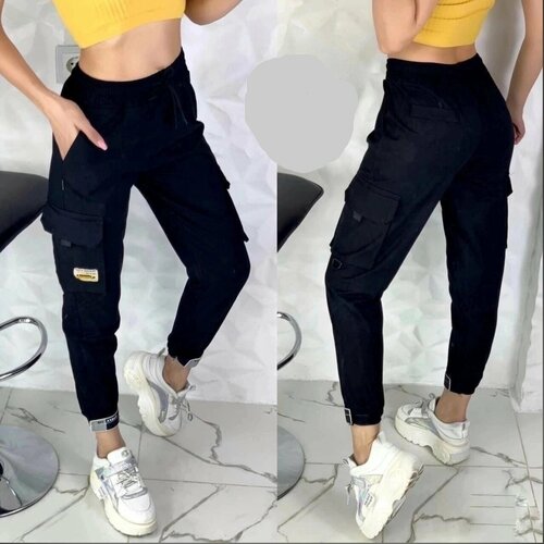 фото Брюки джоггеры noname, свободный силуэт, повседневный стиль, манжеты, пояс на резинке, карманы, размер l, черный