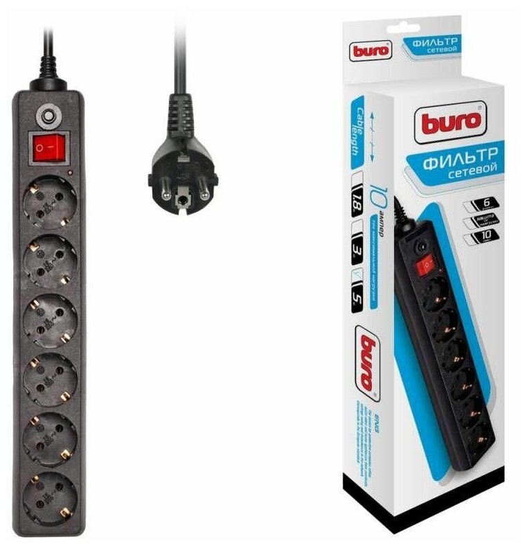 фото Удлинитель с сетевым фильтром 6х5м с заземл. 10А IP20 600SH-5-B 2.2кВт CCA черн. BURO 992278