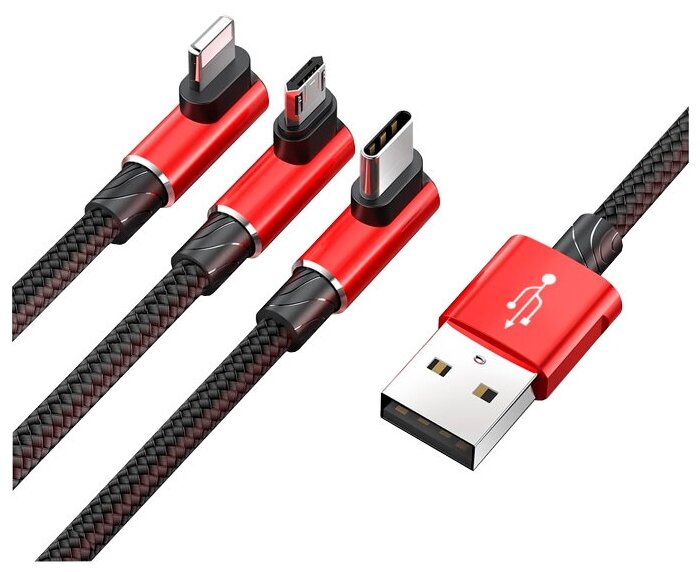 Кабель игровой BASEUS MVP 3-in-1, USB to MicroUSB+Type-C+Lightning, 3.5A, 1.2 м, Черный+Красный, CAMLT-WZ09