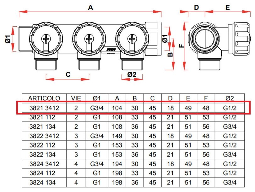 Коллектор FAR 3/4" (ВР-НР) с 2 отв. 1/2" НР (межосев. 45 мм) - фотография № 5