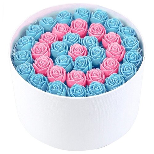 Шоколадные розы CHOCO STORY - 19 шт. в Белой шляпной коробке, цвет: Розовый и Голубой Бельгийский шоколад - узор круглешок, 228 гр. Z19-B-RG-O