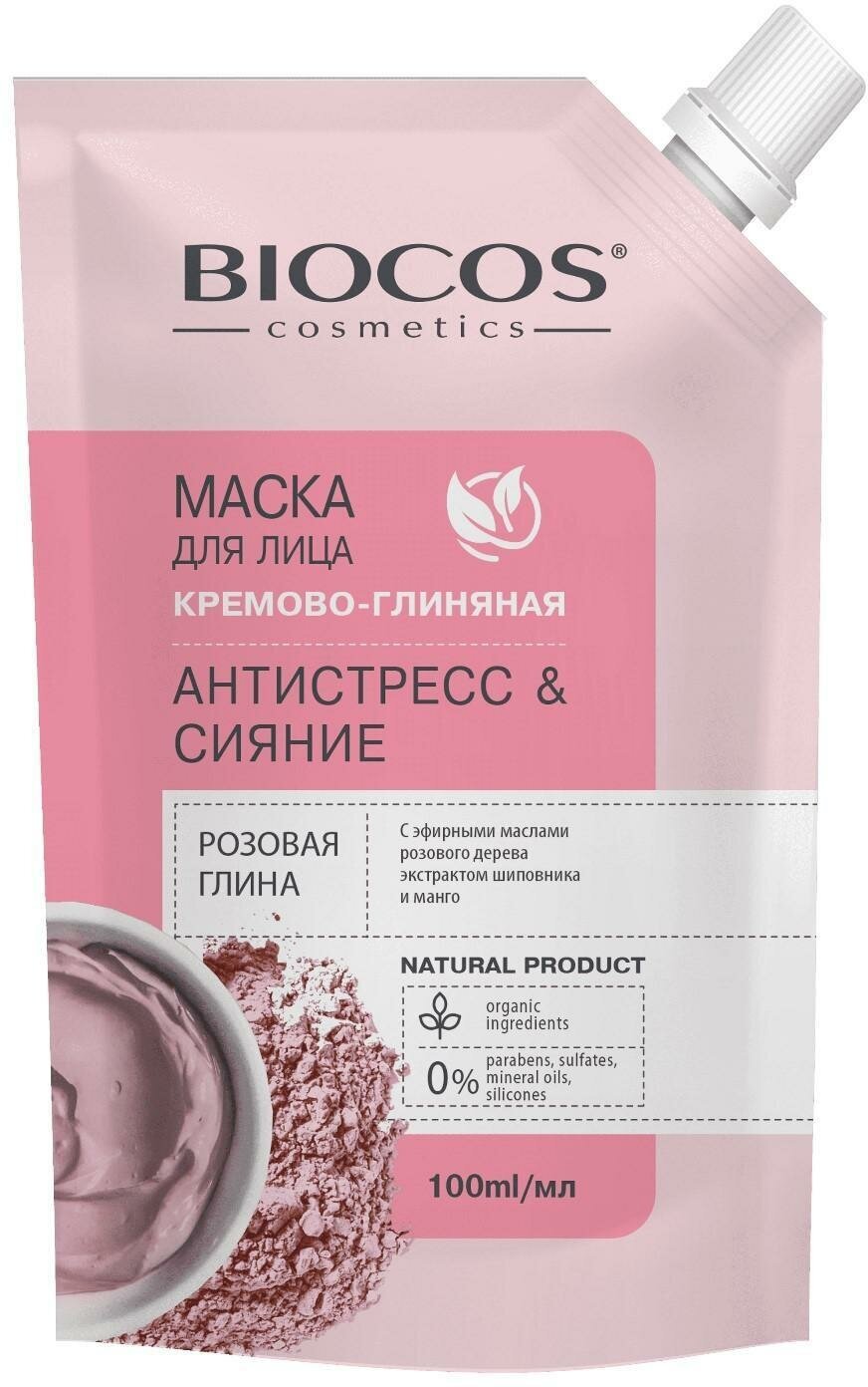 Маска для лица BioCos на основе розовой глины, антистресс и сияние в дойпаке, 100 мл
