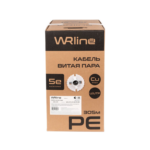 Кабель WRline WR-UTP-4P-C5E-PE-BK, 305 м, 1 шт., черный кабель информационный wrline wr ftp 4p c5e pe bk кат 5e f utp 4x2x24awg pe внешний 305м черный