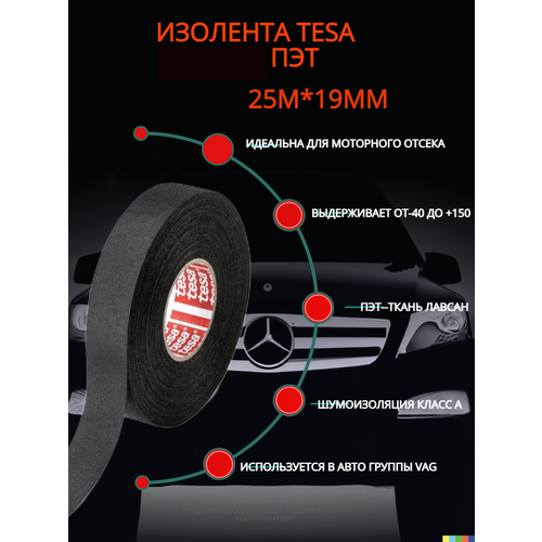 Изолента Теза 51036, 1 шт. 19 мм. длина 25 м. ПЭТ-ткань лавсан автомобильная профессиональная черная подкапотная для жгутования в моторном отсеке