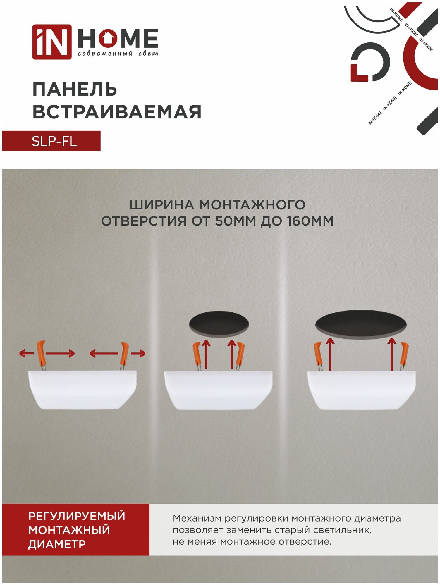 Панель светодиодная встраиваемая безрамочная SLP-FL 24Вт 230В 4000К 2160Лм 170мм монтажное отверстие 50-160мм белая IP20 IN HOME - фотография № 4