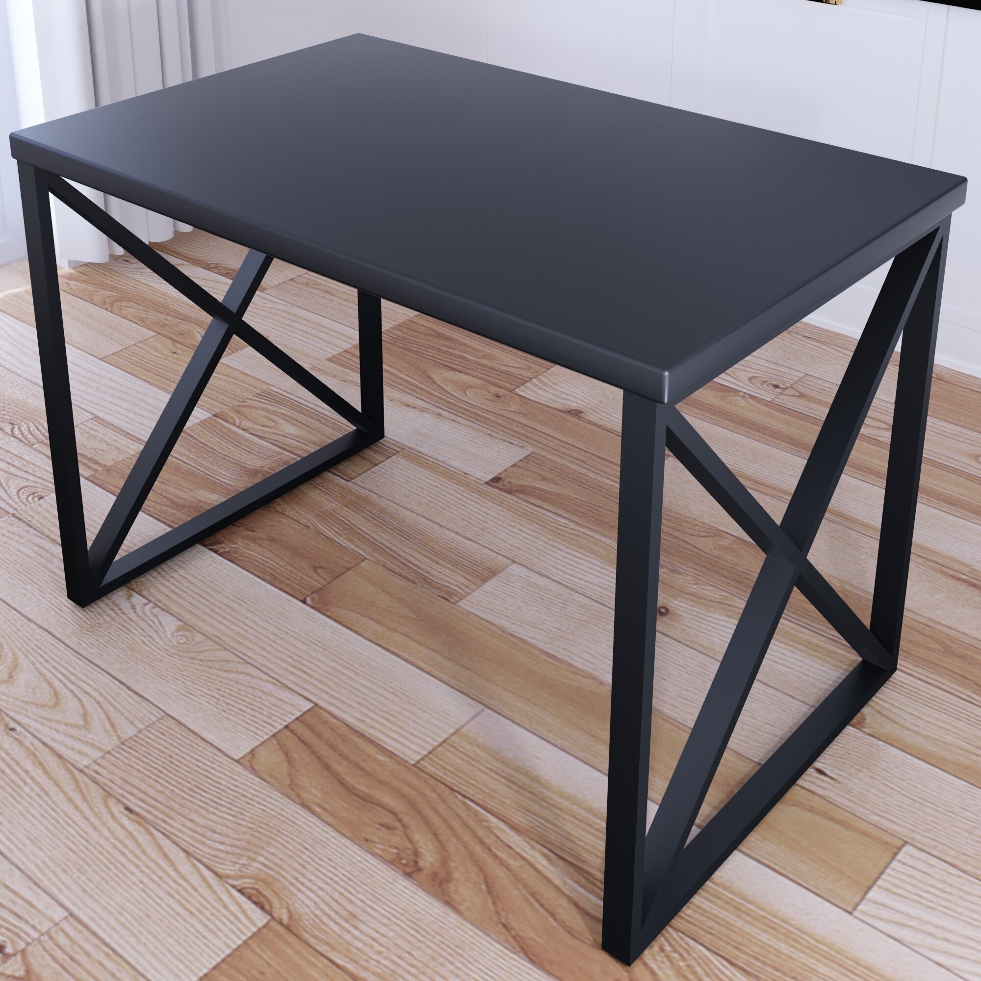 Стол кухонный Loft со столешницей цвета антрацит из массива сосны 40 мм и черными металлическими крестообразными ножками, 110х60х75 см