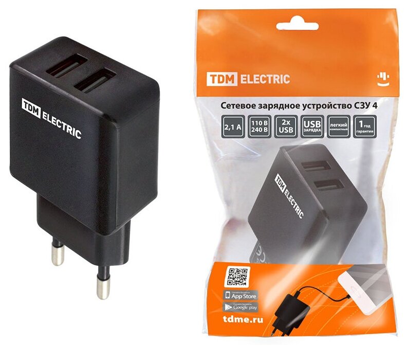 Зарядное устройство для телефона Tdm Electric СЗУ 4, 2,1 A, 2 USB, черное