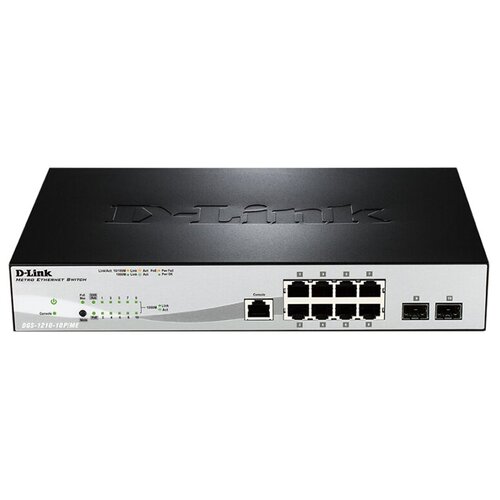 Коммутатор D-Link DGS-1210-10PMEA1A Управляемый L2 8 ports 101001000Base-T 2 ports 1000Base-X SFP PoE-бюджет 78 Вт 1767000₽