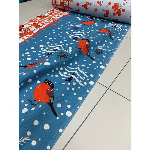 Новогодняя вафельная ткань Снегири и рябинка ш. 150см. длина 1 м. 29226-1js.120