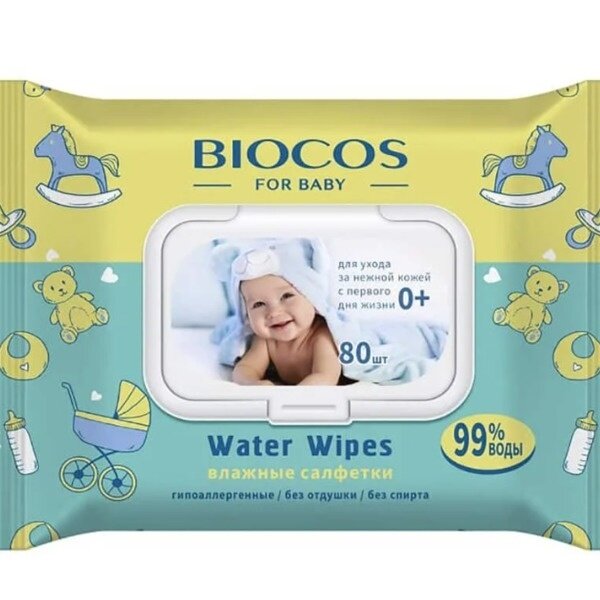 Влажные салфетки BioCos Water Wipes, детские, с клапаном, 80 шт