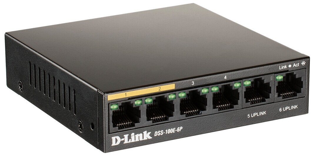 Коммутатор D-Link DSS-100E-6P/A1A 6x100Мбит/с 4PoE+ 55W неуправляемый