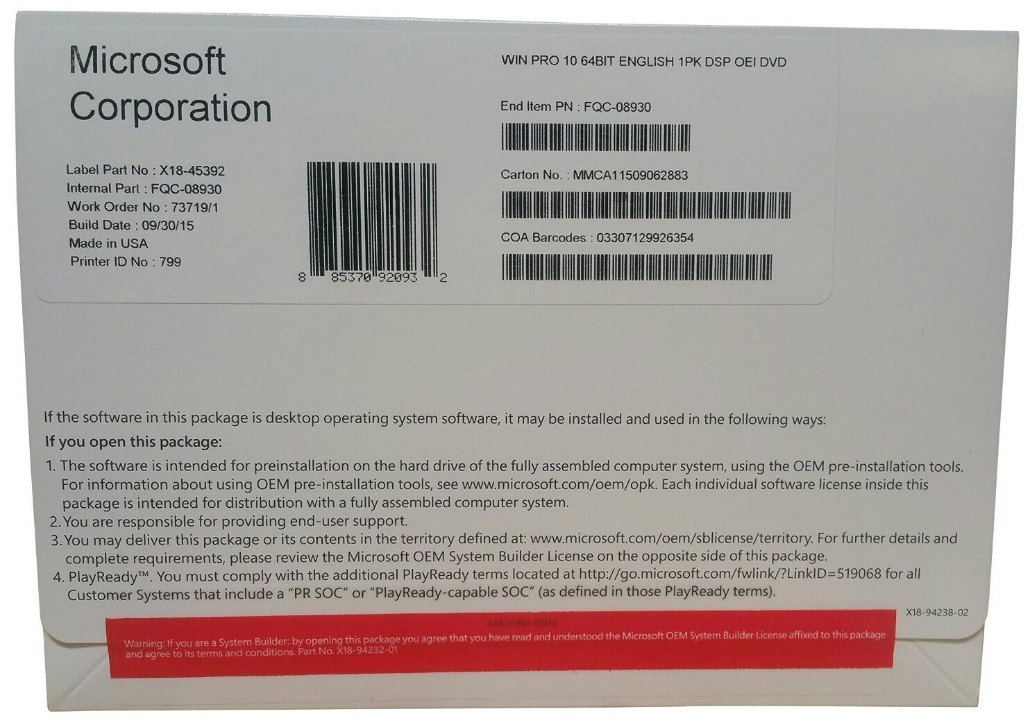  Microsoft Windows 10 Pro English 64-bit FQC-08929 .