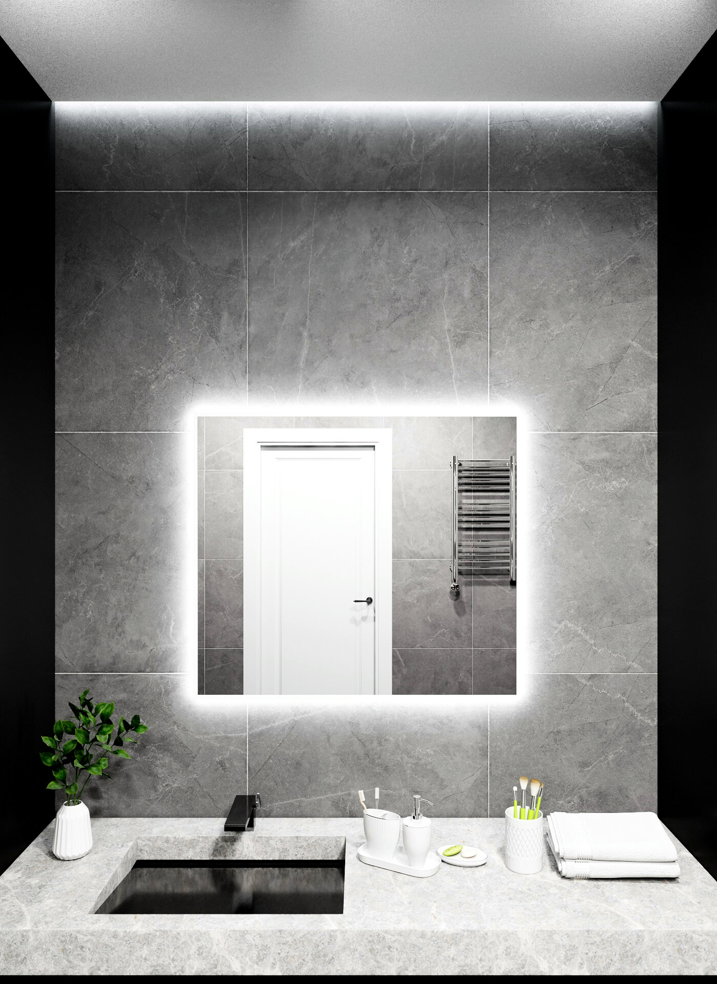 Зеркало с подсветкой в алюминиевой раме, настенное, ONE MIRROR, 80х70 см. Белое. Свет: Нейтральный белый 6000К - фотография № 6
