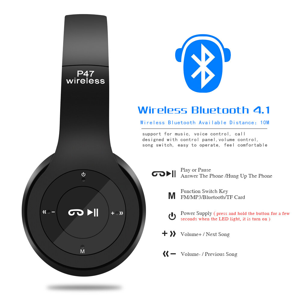 Беспроводные наушники P47 Bluetooth 5.0 EDR Wireless с микрофоном, FM-радио, с поддержкой SD-карты памяти (Mp3-плеер) — фото 1
